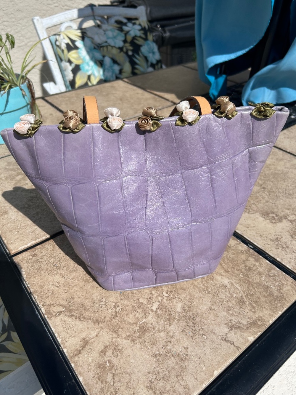 Falor-Le Borse Lavender Italian Leather Crock Embossed Tote with Floral Rosettes